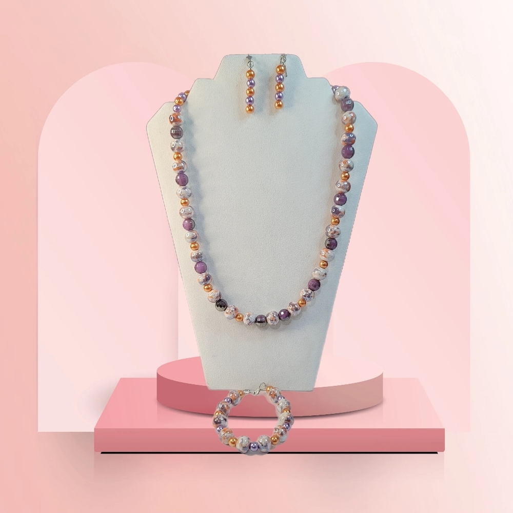 Fashion Jewelry Art Glass Pearls Purple Orange White Beaded Necklace Set Contemp